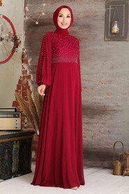  Plus Size Claret Red Hijab Evening Dress 50060BR - 1