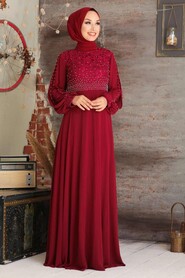  Plus Size Claret Red Hijab Evening Dress 50060BR - 2