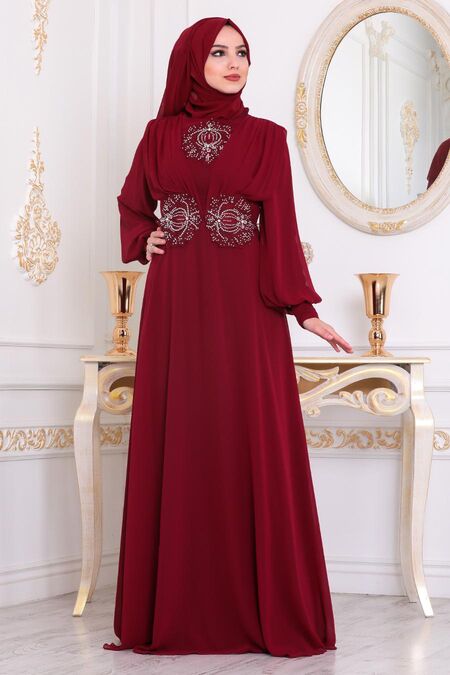  Elegant Clared Red Islamic Wedding Dress 9118BR - NEVA STYLE