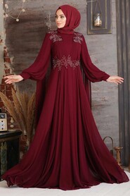 Elegant Claret Red Muslim Long Sleeve Dress 9130BR - 1