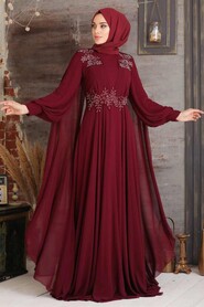 Elegant Claret Red Muslim Long Sleeve Dress 9130BR - 2