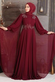 Elegant Claret Red Muslim Long Sleeve Dress 9130BR - 3
