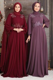 Elegant Claret Red Muslim Long Sleeve Dress 9130BR - 4