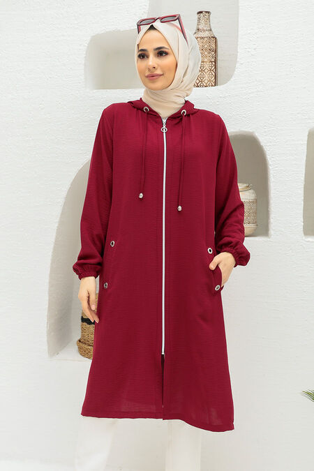 Claret Red Hijab Coat 2585BR - NEVA STYLE