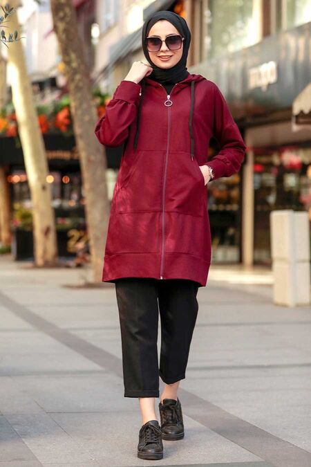 Claret Red Hijab Coat 32450BR - NEVA STYLE