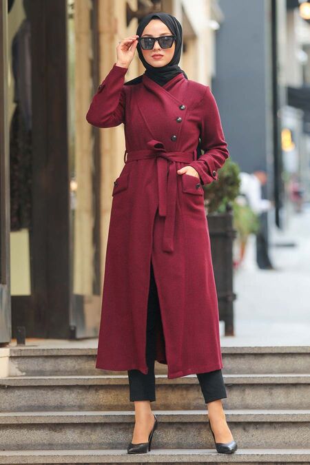 Claret Red Hijab Coat 5074BR - NEVA STYLE