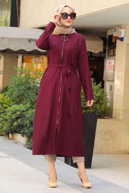 Claret Red Hijab Coat 5554BR - NEVA STYLE