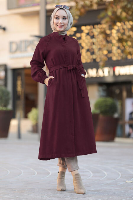 Claret Red Hijab Coat 55740BR - NEVA STYLE