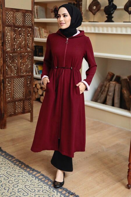 Claret Red Hijab Coat 5721BR - NEVA STYLE