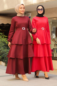 Claret Red Hijab Dress 1283BR - 2