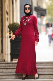 Claret Red Hijab Dress 23120BR - 1