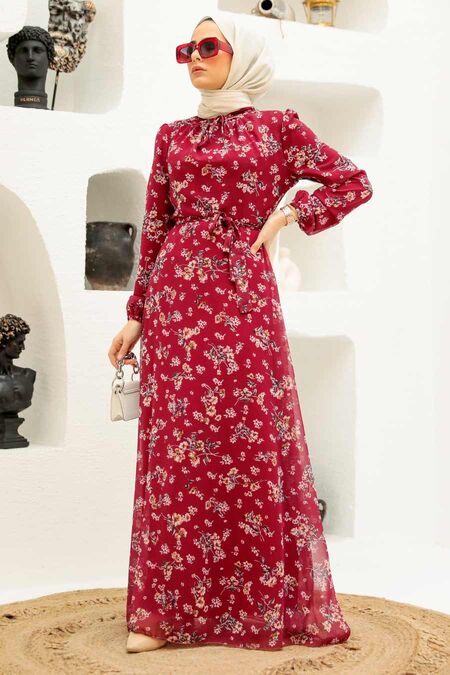 Claret Red Hijab Dress 27924BR - NEVA STYLE