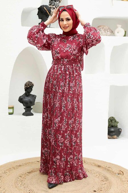 Claret Red Hijab Dress 3357BR - NEVA STYLE