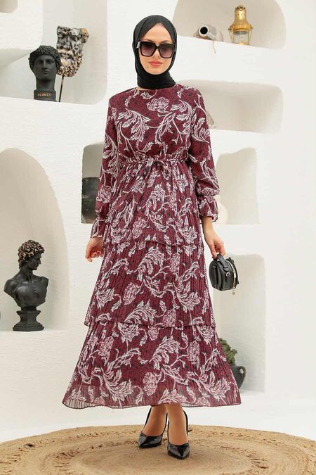 Claret Red Hijab Dress 3359BR - NEVA STYLE