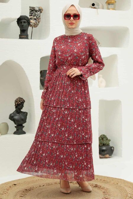 Claret Red Hijab Dress 3360BR - NEVA STYLE