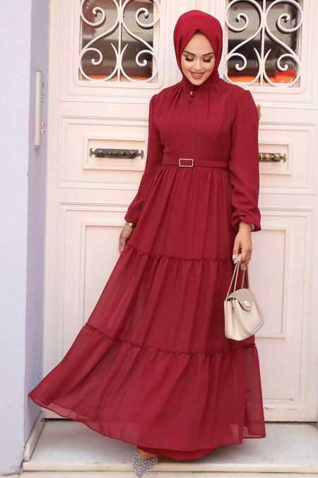Claret Red Hijab Dress 57250BR - Neva-style.com