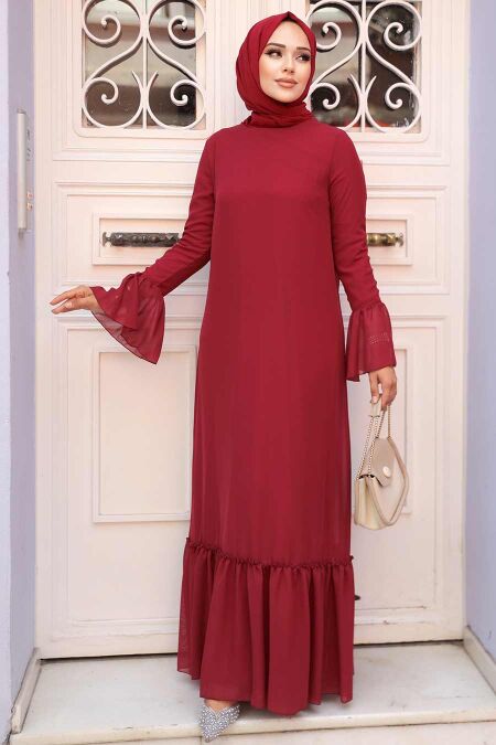 Claret Red Hijab Dress 5729BR - NEVA STYLE