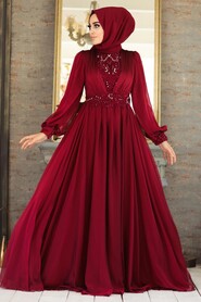  Luxorious Claret Red Hijab Evening Dress 21540BR - 1