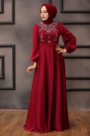 Claret Red Hijab Evening Dress 2155BR - 1