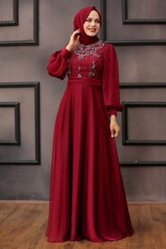 Claret Red Hijab Evening Dress 2155BR - 2