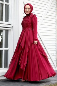  Luxury Claret Red Muslim Long Sleeve Dress 21850BR - 1