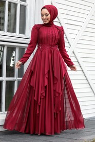  Luxury Claret Red Muslim Long Sleeve Dress 21850BR - 2
