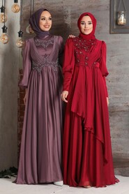  Modern Claret Red Islamic Bridesmaid Dress 21930BR - 3