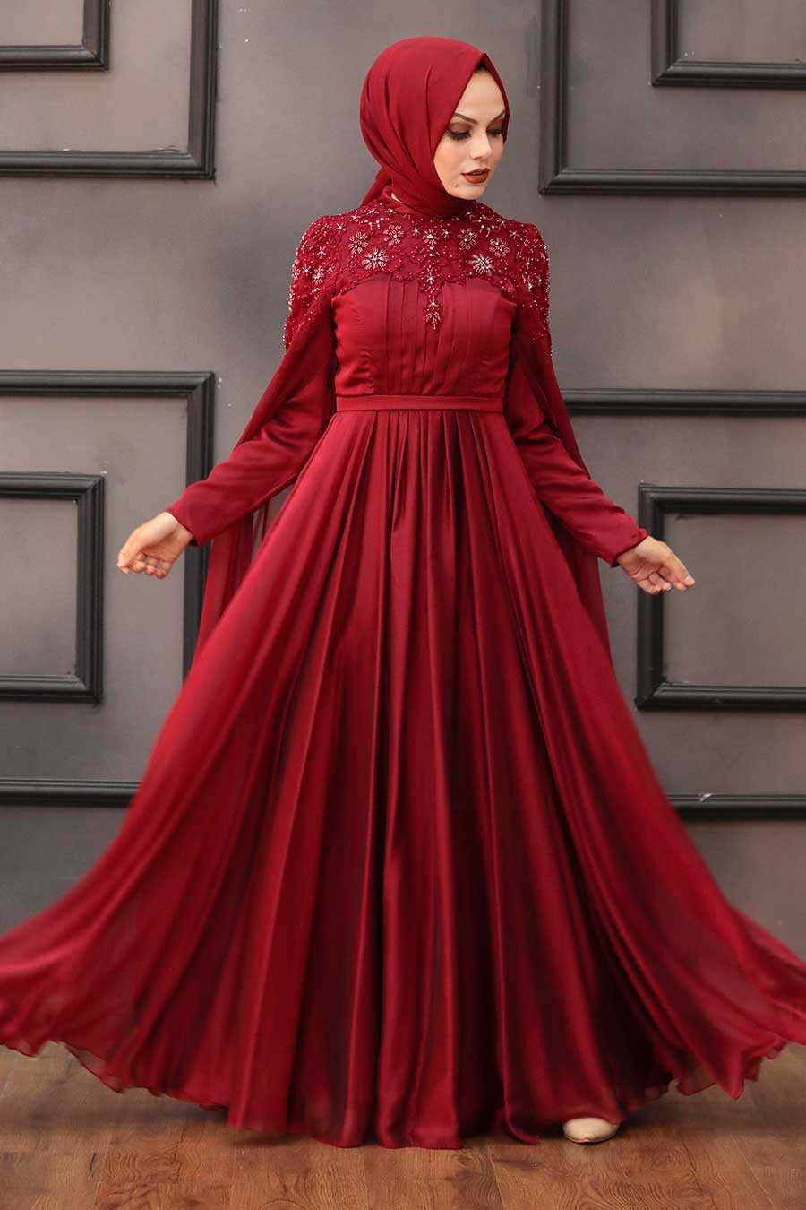 Satin Claret Red Islamic Bridesmaid Dress 21990BR - Neva-style.com