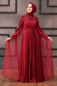  Satin Claret Red Islamic Bridesmaid Dress 21990BR - 2