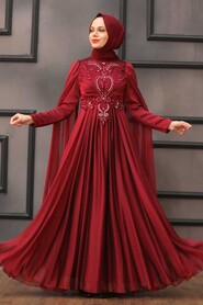  Long Claret Red Islamic Clothing Wedding Dress 22001BR - 1
