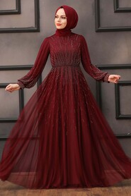 Stylish Claret Red Islamic Long Sleeve Dress 22021BR - 1