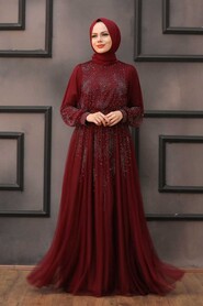  Long Claret Red Islamic Wedding Dress 22031BR - 1