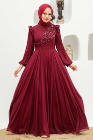  Long Sleeve Claret Red Hijab Dress 22110BR - 1