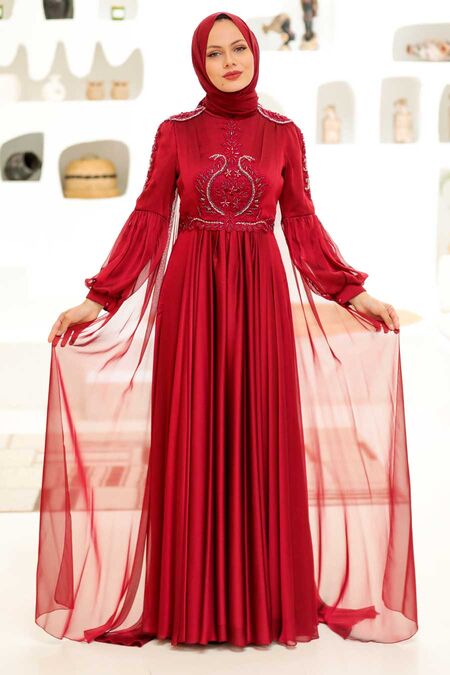 Elegant Claret Red Muslim Fashion Evening Dress 2212BR - NEVA STYLE