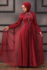  Modern Claret Red Islamic Engagement Dress 22140BR - 2