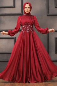  Luxury Claret Red Islamic Clothing Evening Dress 22150BR - 1