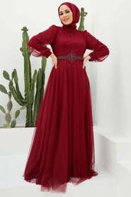  Stylish Claret Red Islamic Clothing Evening Gown 22290BR - 1