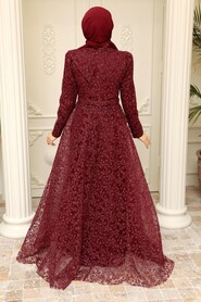 Claret Red Hijab Evening Dress 22421BR - 3