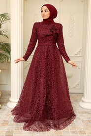 Claret Red Hijab Evening Dress 22421BR - 2
