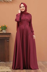 Claret Red Hijab Evening Dress 25160BR - 1