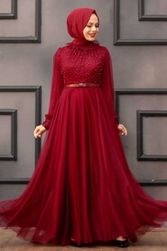  Long Claret Red Hijab Engagement Gown 2712BR - 2