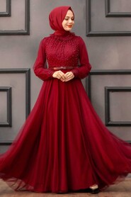  Long Claret Red Hijab Engagement Gown 2712BR - 3