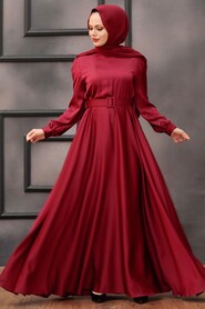  Satin Claret Red Islamic Evening Gown 28890BR - 1