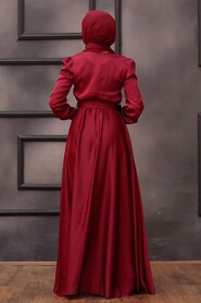  Satin Claret Red Islamic Evening Gown 28890BR - 2