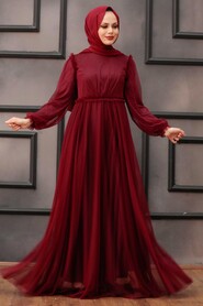 Claret Red Hijab Evening Dress 29210BR - 1