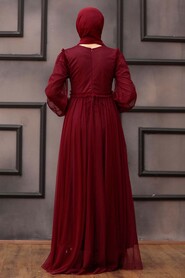 Claret Red Hijab Evening Dress 29210BR - 2