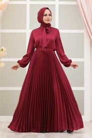  Satin Claret Red Islamic Clothing Engagement Dress 3031BR - 1
