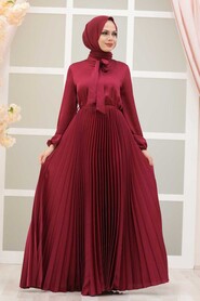  Satin Claret Red Islamic Clothing Engagement Dress 3031BR - 2