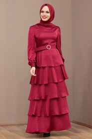  Claret Red Turkish Hijab Muslim Evening Dress 3037BR - 2
