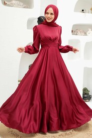  Satin Claret Red Modest Islamic Clothing Wedding Dress 3064BR - 1